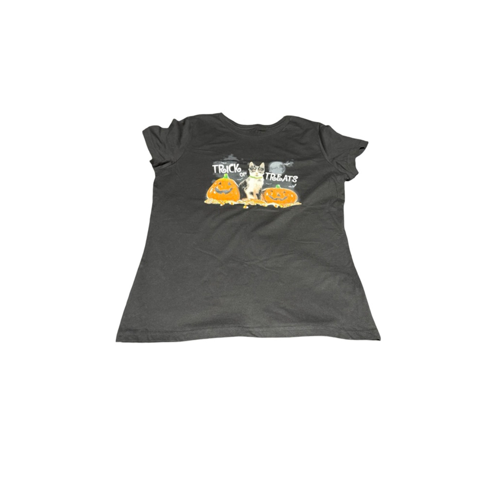 Women's Unbranded Black Halloween Cat & Pumpkin Short Sleeve Tee L #881